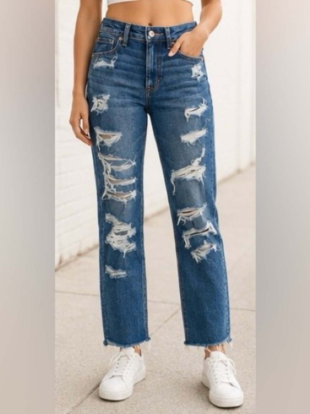 American Eagle Size 2 Regular Distressed High Rise Straight Leg Jeans - Picture 2 of 10